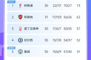 剩7轮!英超积分榜:阿森纳先赛距榜首利物浦11分 埃弗顿保级无忧